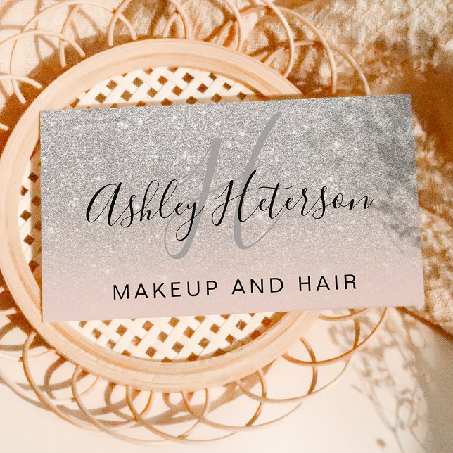 Makeup Monogramm-Skript Silber-Glitzer Visitenkarte (Von Creator hochgeladen)