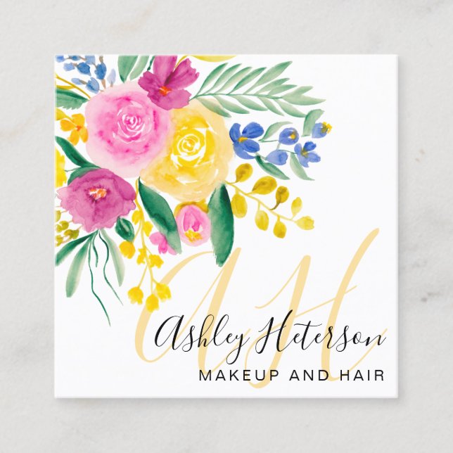 Makeup pink floral Aquarellschrift Monogramm Quadratische Visitenkarte (Vorderseite)