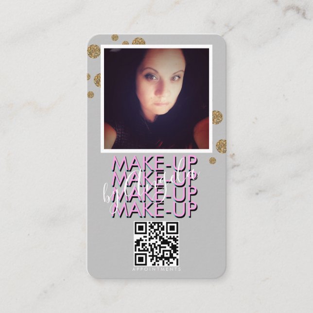 Makeup Salon QR Code Gold Glitzer Foto Business Visitenkarte (Vorderseite)
