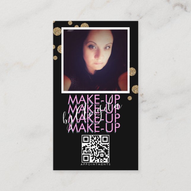 Makeup Salon QR Code Rosa Schwarzer Glitzer Foto Visitenkarte (Vorderseite)