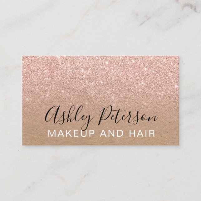 Makeup typography brown kraft rose gold glitter visitenkarte (Vorderseite)