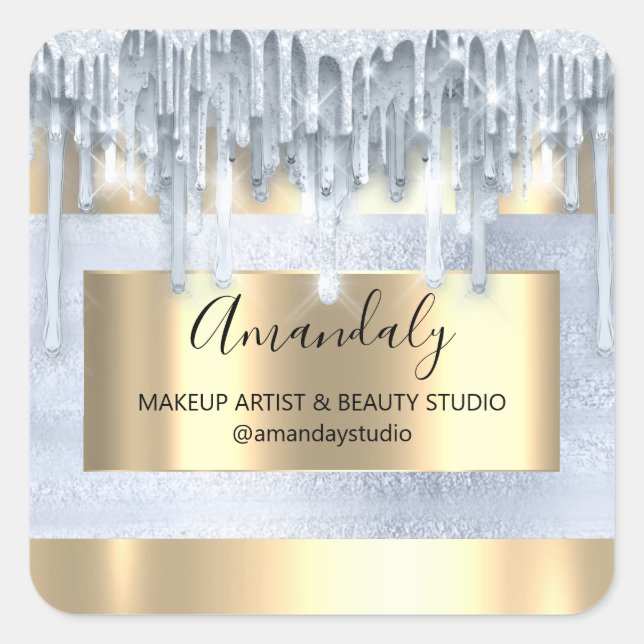 Makeuty Beauty Glitzer Gold Frame Boutique Blau Quadratischer Aufkleber (Vorderseite)