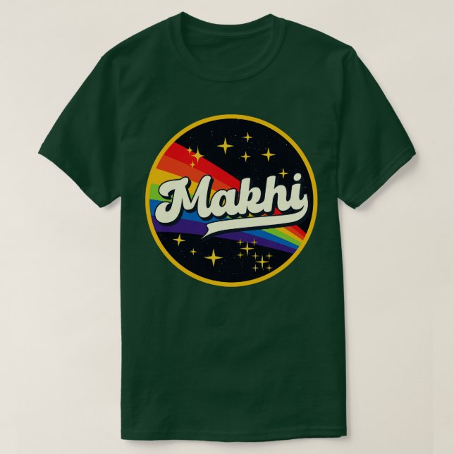 Makhi-Regenbogen im Vintagen Weltraum T-Shirt (Design vorne)