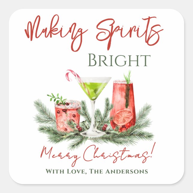 Making Spirits Bright Festive Cocktails Holiday Quadratischer Aufkleber (Vorderseite)