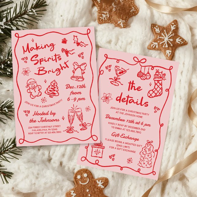 Making Spirits Bright Hand Drawn Christmas Party Einladung (Von Creator hochgeladen)