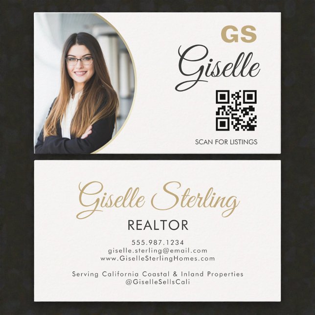 Makler Neutral Gold Foto Monogramm QR-Code  Visitenkarte (Von Creator hochgeladen)