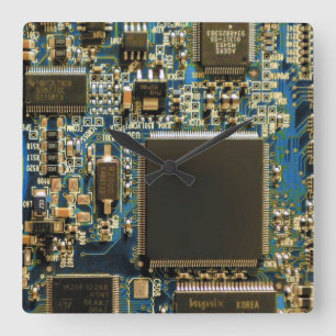 Makro Blaue Leiterplatte   PCB Foto Quadratische Wanduhr