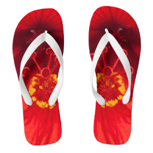 MakroFoto der roten Hibiskus-Blume drehen an Flip Flops