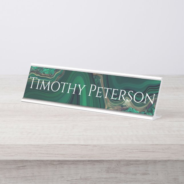 Malachit Cu6CO3(OH)2 Schreibtischnamensplakette (Vorderseite )