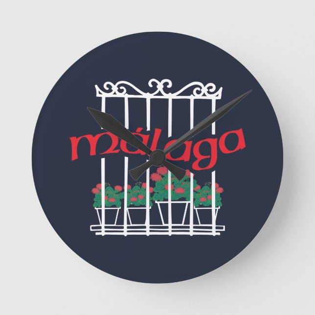 Malaga, Fenster mit Blumen Runde Wanduhr (Vorderseite)