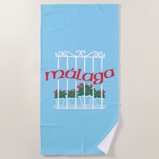 Malaga, Fenster mit Blumen Strandtuch (Vorderseite)