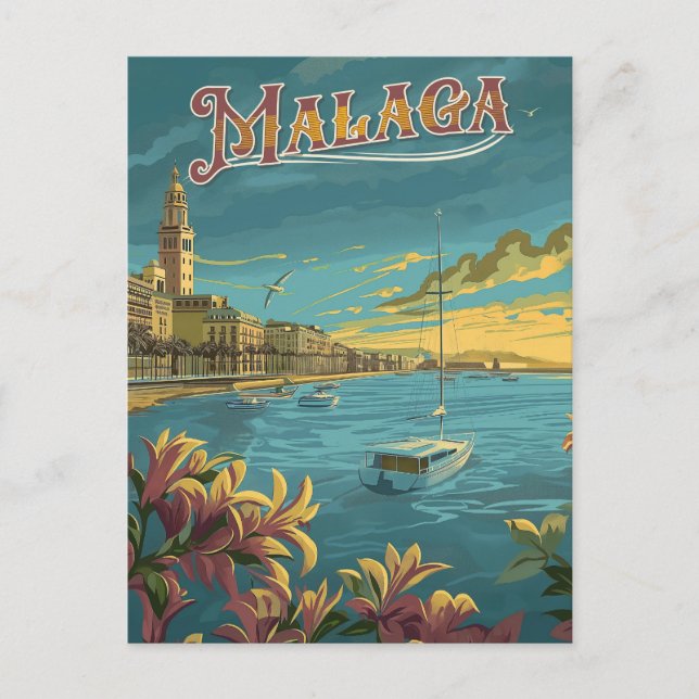 Malaga in Retro Charm - Vintage Reise Postkarte (Vorderseite)
