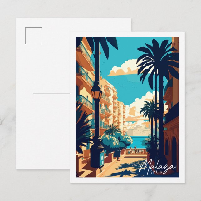 Malaga Spanien Vintage Illustration Postkarte (Vorne/Hinten)