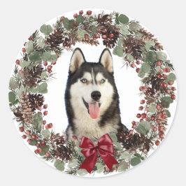 Malamute Dog Red Bow Pinecone Kranz Weihnachten Runder Aufkleber