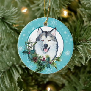 Malamute Evergreen Blue Snowflake Border Keramik Ornament