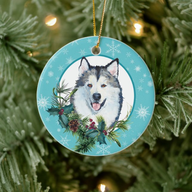 Malamute Evergreen Blue Snowflake Border Keramik Ornament (Baum)