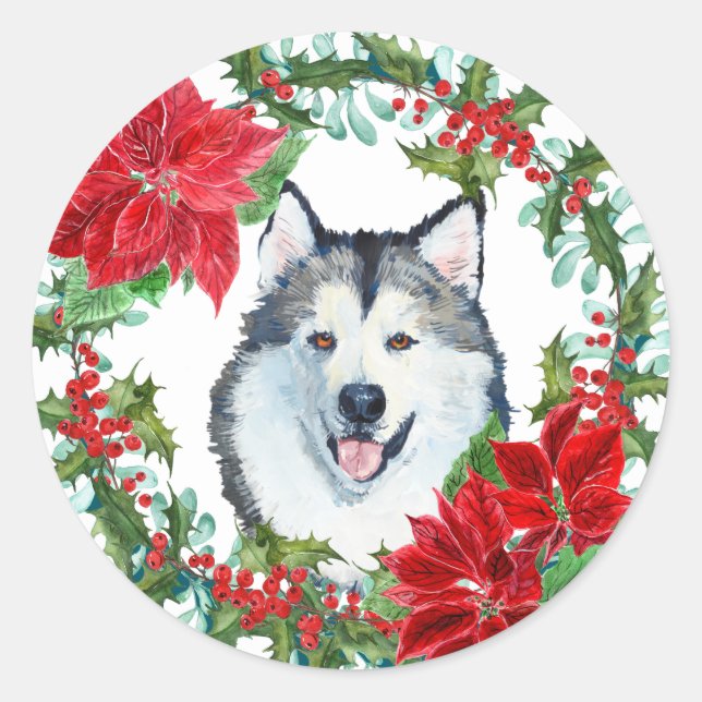 Malamute Wasserfarbe Dog Poinsettia Holiday Wreath Runder Aufkleber (Vorderseite)