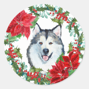 Malamute Wasserfarbe Dog Poinsettia Holiday Wreath Runder Aufkleber