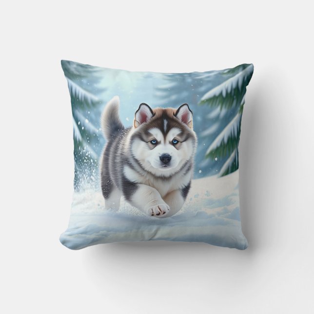 Malamute-Welpe im Schnee Kissen (Vorderseite)