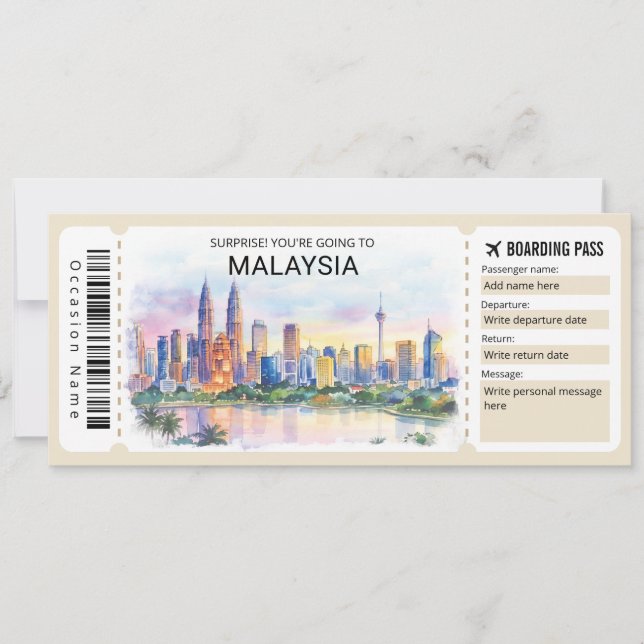 Malaysia-Reise-Boarding-Pass-Ticket Einladung (Vorderseite)