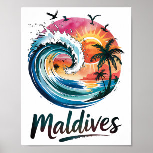 Maldiven-Tropischer-Sonnenuntergang-und-Surf-Desig Poster