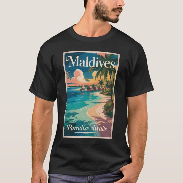 Maldives Beach Illustration Travel Art Vintage T-Shirt (Vorderseite)