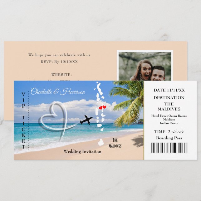 Maldives Ticket Pass Hochzeit in Urlaubsort Einladung (Vorne/Hinten)