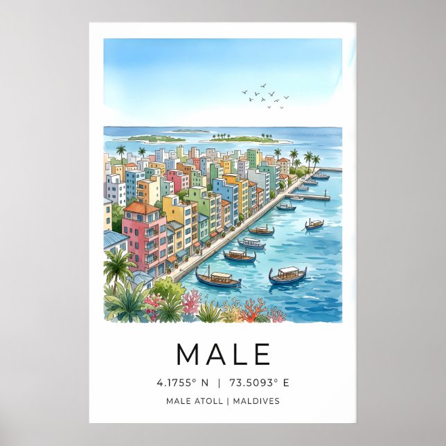 Maldives Travel Poster, Illustrated Cityscape Poster (Vorne)