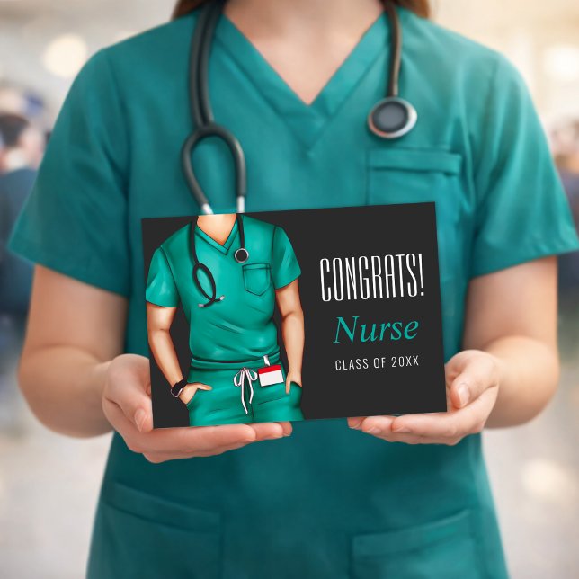 Male Nurse Abschluss Herzlichen Glückwunsch Karte (Nurse graduation card held in scrubs, clean and meaningful design)