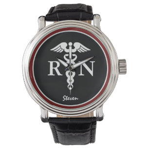 Male Nurse RN Caduceus Modernes Schwarzes Burgund Armbanduhr
