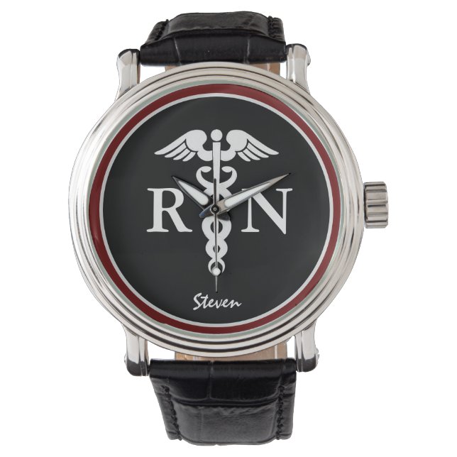 Male Nurse RN Caduceus Modernes Schwarzes Burgund Armbanduhr (Vorderseite)