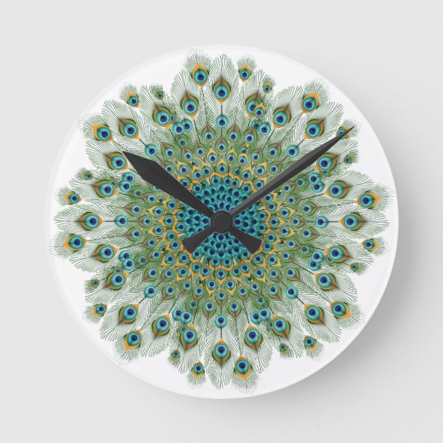 Male Peacock Colorful Mandala Runde Wanduhr (Vorderseite)
