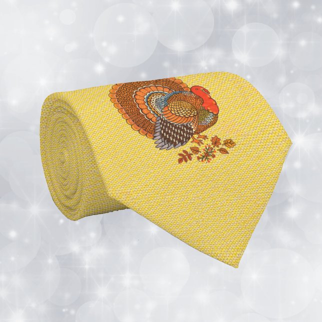 Male Turkey Fanned Tail Leaves Golden Yellow Krawatte (Male turkey fanned tail brown orange feathers in Fall leaves gold yellow Thanksgiving mens necktie.)