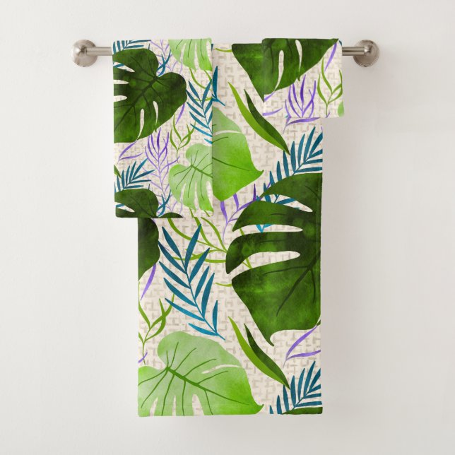 Maleah Monstera Tropical Hawaiian Watercolor-Green Badhandtuch Set (Insitu)