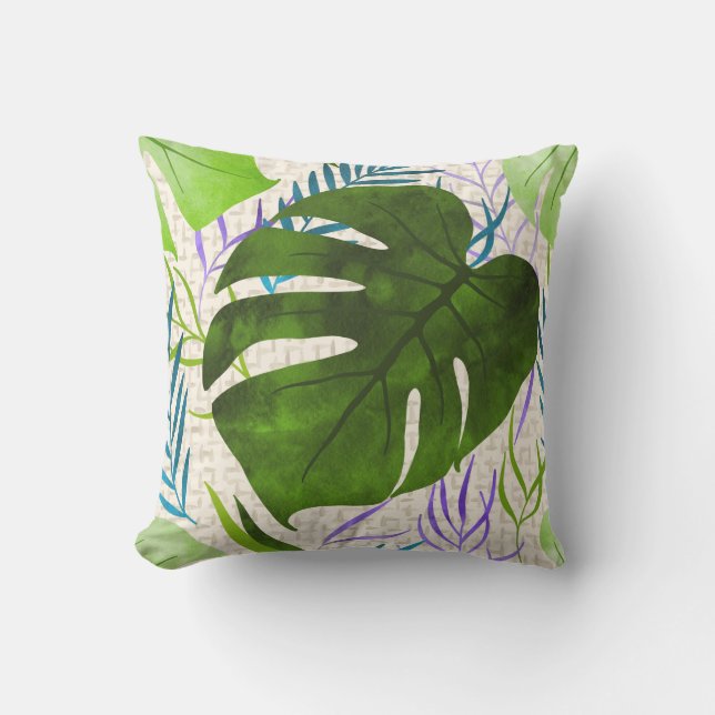 Maleah Monstera Tropical Hawaiian Watercolor-Green Kissen (Vorderseite)