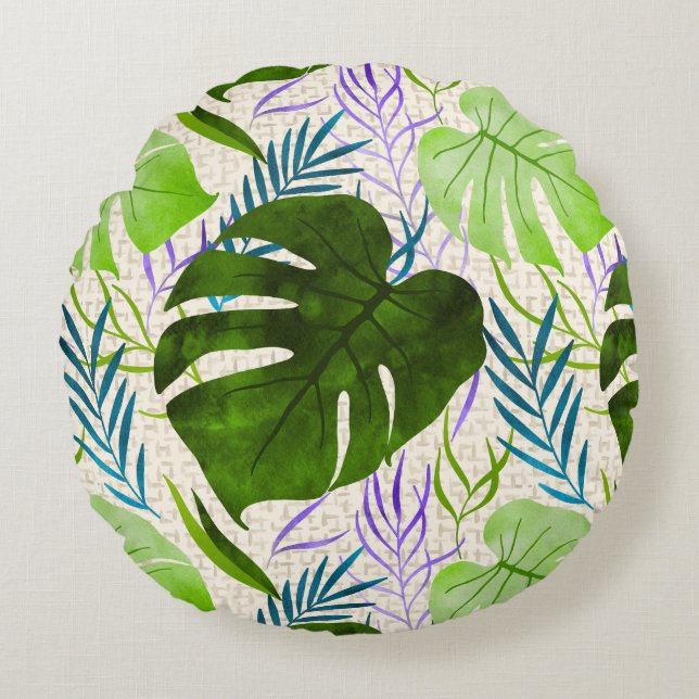 Maleah Monstera Tropical Hawaiian Watercolor-Green Rundes Kissen (Vorderseite)