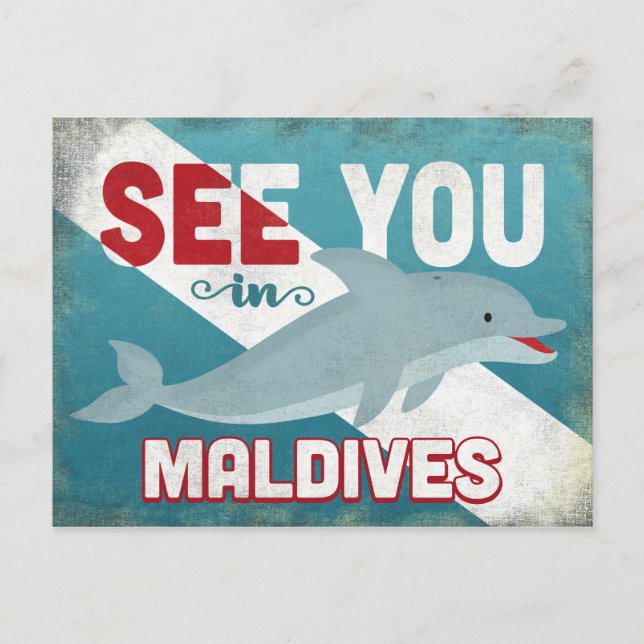 Malediven Dolphin - Retro Vintage Reise Postkarte (Vorderseite)