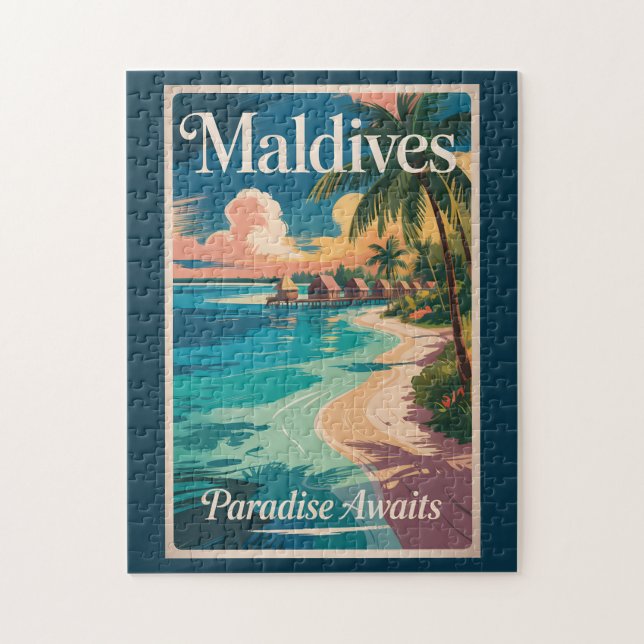 Malediven-Strand-Illustration Reise Kunst Vintage Puzzle (Vertikal)