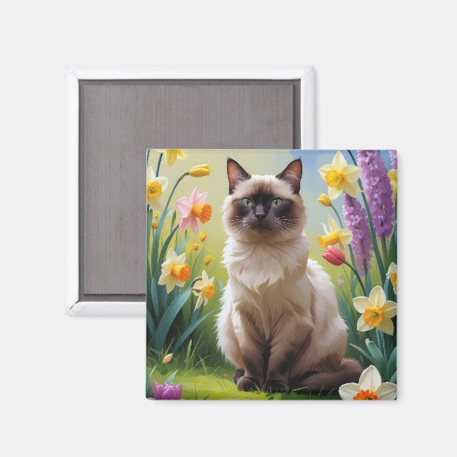 Malen der Siamesen Katzenfrühlingsblumen Magnet (Vorderseite/Rückseite)