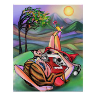 Malen von Mädchen und Katze in Natur-Poster Poster