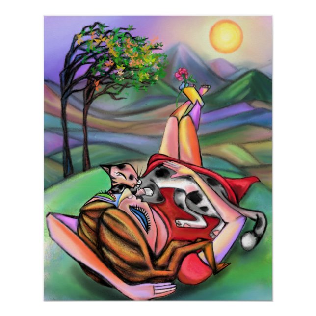 Malen von Mädchen und Katze in Natur-Poster Poster (Vorderseite)