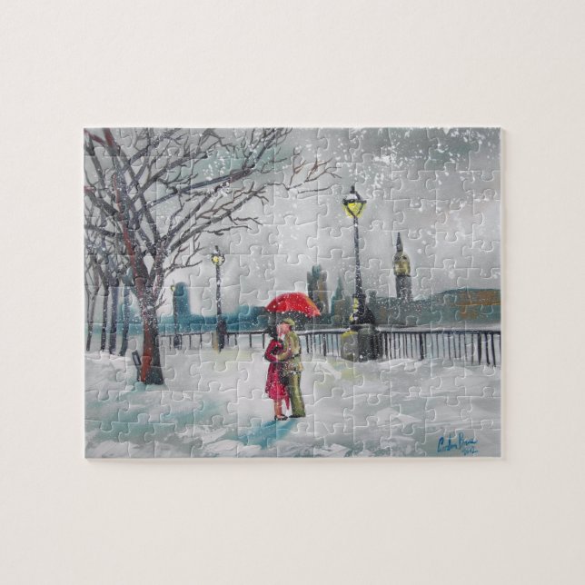 Malen Winterliebhaberschnee Londons Themse Big Ben Puzzle (Horizontal)