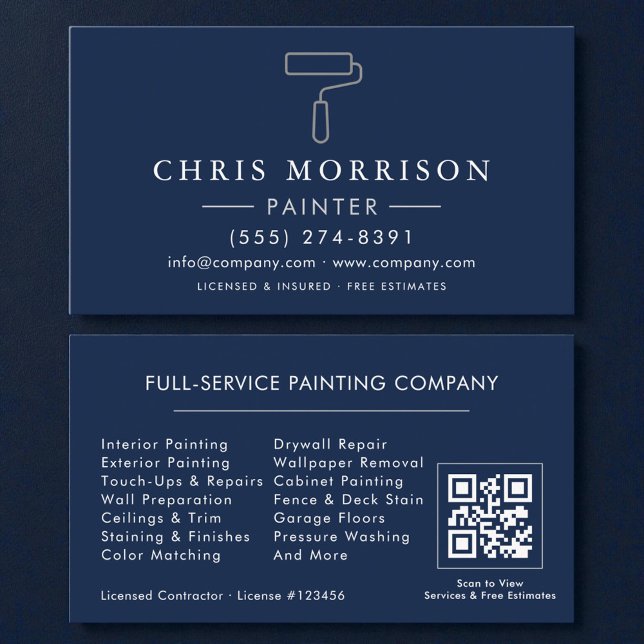 Maler Navy Blau Silber QR-Code Visitenkarte (Von Creator hochgeladen)