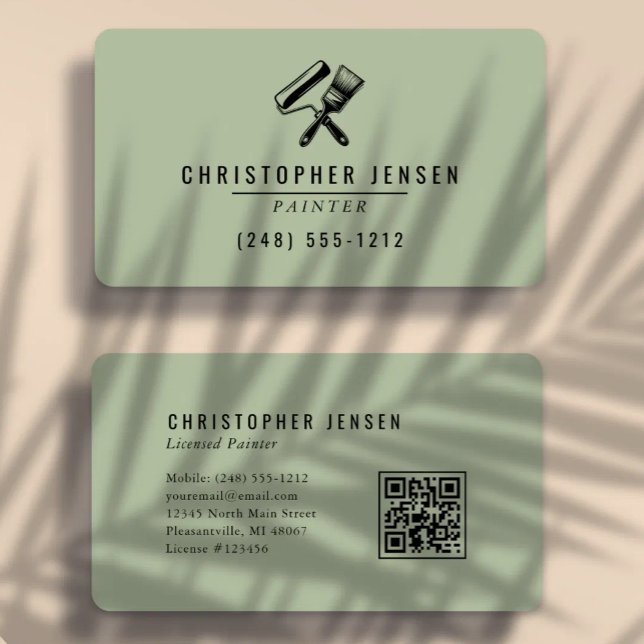 Maler-QR-Code Sage Green Schwarz Abgerundete Maler Visitenkarte (Von Creator hochgeladen)