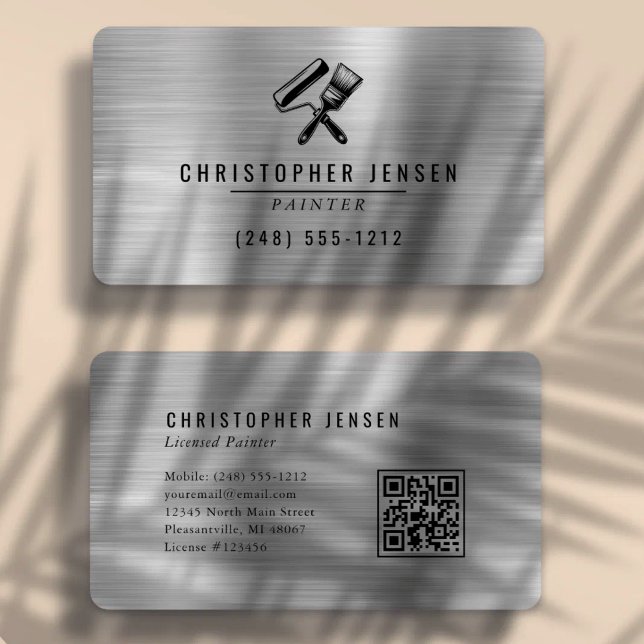 Maler-QR-Code Silber Schwarz Metallisch Abgerundet Visitenkarte (Von Creator hochgeladen)