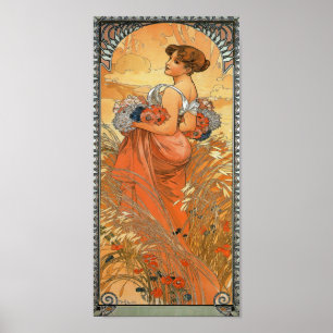 Malerei Alphonse Mucha - Frau, die Blumen hält Poster