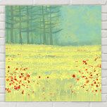 Malerei auf Wiesen Poster<br><div class="desc">Ein modernes Landschaftsbild mit einer friedlichen Blume,  gefüllt mit einer Sommerwiese mit Vögeln,  die gegen den Himmel fliegen und einem Kiefernwald in der Ferne. Frische und erfrischende gelbe und grüne Farben. Originelle Kunst von Nic Squirrell.</div>