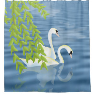 Malerei Blau und Grün Paar Schwäne auf dem See Duschvorhang