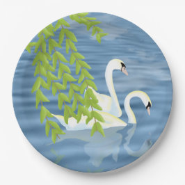 Malerei Blau und Grün Paar Schwäne auf dem See Pappteller