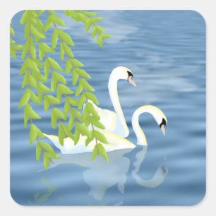 Malerei Blau und Grün Paar Schwäne auf dem See Quadratischer Aufkleber